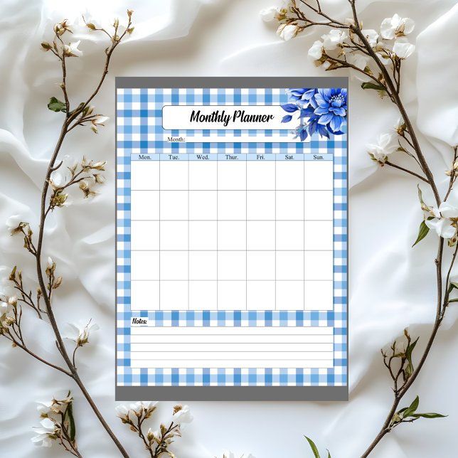 Bloc-note Planificateur Mensuel Gingham Floral Bleu (Créateur téléchargé)