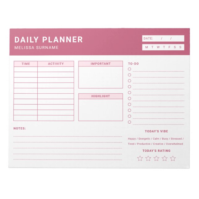 Bloc-note Planificateur quotidien non daté rose et blanc Lis (Devant)