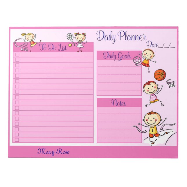 Bloc-note Planificateur quotidien pour enfants mignon rose T (Devant)