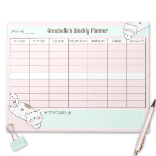 Bloc-note Planner hebdomadaire Cute Chat Rose Bleu Nom Tear