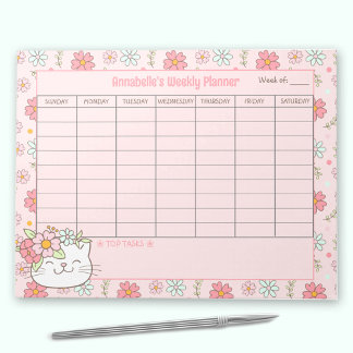 Bloc-note Planner hebdomadaire Cute Chat Rose Nom Floral Tea