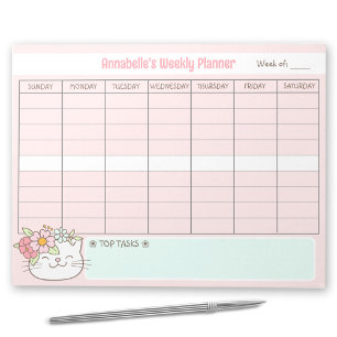 Bloc-note Planner Weekly Cute Chat Rose Nom Tear Away