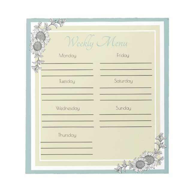 Bloc-note Planneur de menus du jour de tournesol (Devant)
