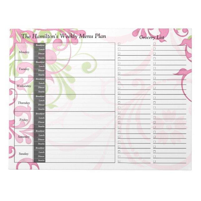 Bloc-note Planneur de repas personnalisé Green Rose Floral h (Devant)