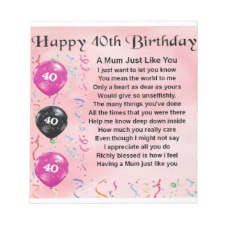 Bloc-note Poème de maman - 40ème anniversaire