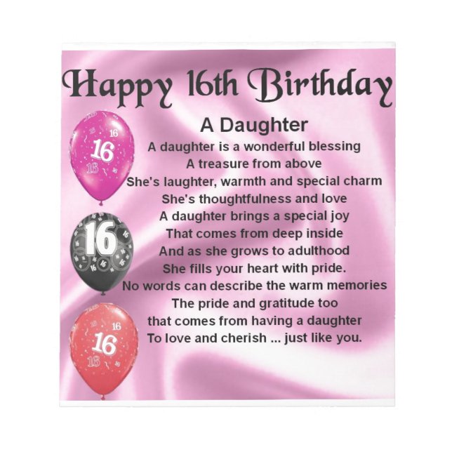 Bloc-note Poème fille 16e anniversaire (Devant)