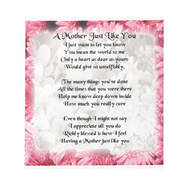 Bloc-note Poème Mère - Design Floral Rose (Devant)