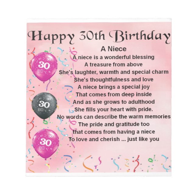 Bloc-note Poème nièce - 30ème anniversaire (Devant)