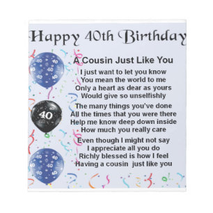 Bloc-note Poème pour un cousin pour son 40e anniversaire