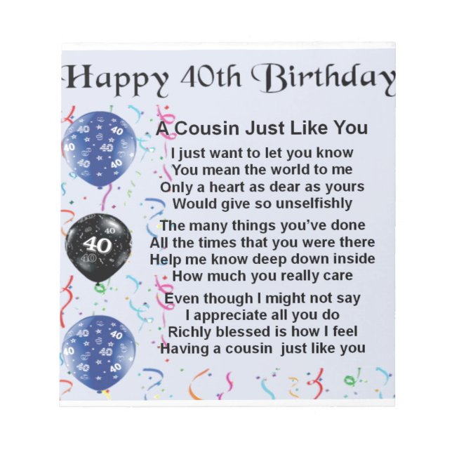 Bloc-note Poème pour un cousin pour son 40e anniversaire (Devant)