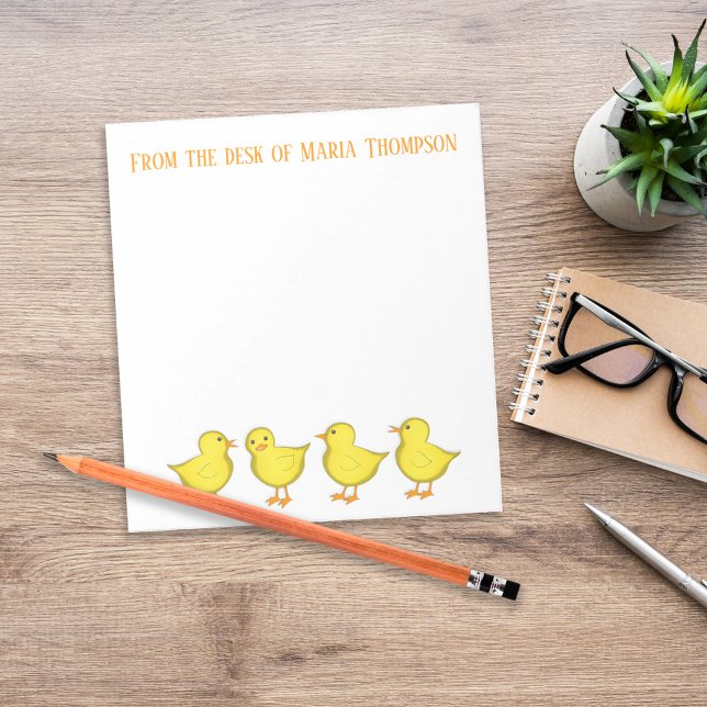Bloc-note Poules qui Grattent les Chic Spring Fantaisie Amus (Cute personalized teacher stationery with yellow chicks and custom desk name header.)