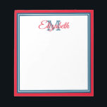 Bloc-note Preppy Bright Red and Marine Blue Monogram<br><div class="desc">Personalize this preppy bright red, marine blue and white monogram notepad with your choice of name and initial.</div>