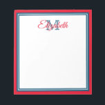 Bloc-note Preppy Bright Red and Marine Blue Monogram<br><div class="desc">Personalize this preppy bright red,  marine blue and white monogram notepad with your choice of name and initial.</div>