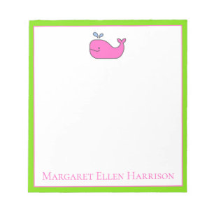 Bloc-note Preppy Nautical Pink and Green Whale Personnalisé