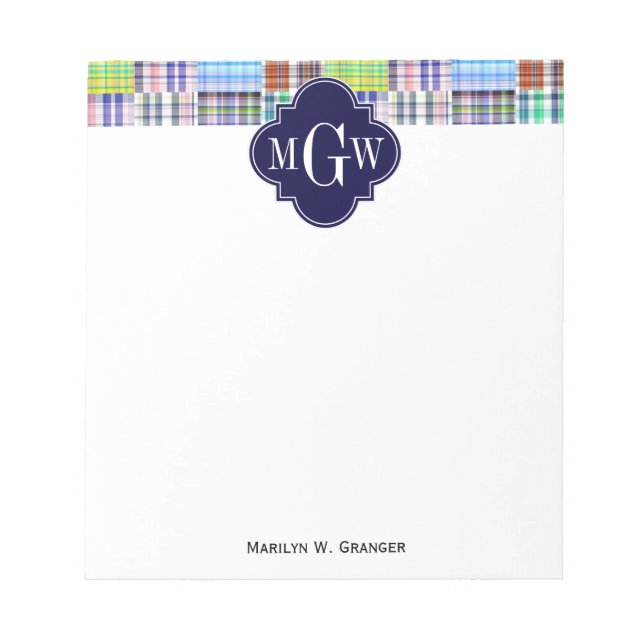 Bloc-note Preppy Patchwork Madras Navy Quatrefoil Monogramme (Devant)