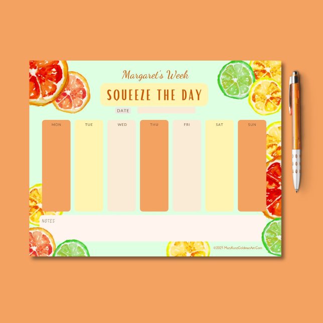 Bloc-note Pressez le jour Citron Motivation Planificateur he (This citrus week-at-a-glance notepad has a zesty palette of orange, lime green, and lemon yellow.)