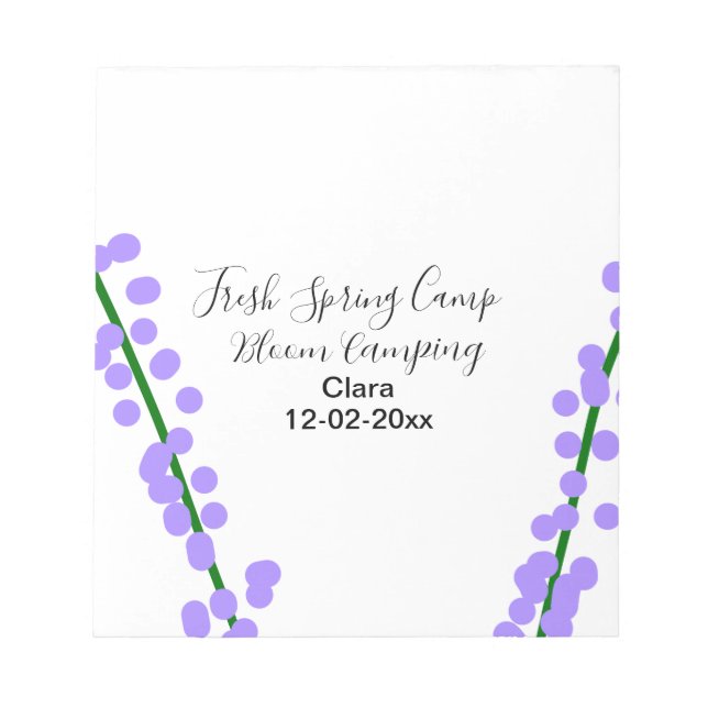 Bloc-note Printemps frais camping fleurs de lavande nom date (Devant)