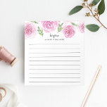 Bloc-note Provence Rose | Floral rose Personnalisé Linne<br><div class="desc">Le bloc-notes à fleurs chic est doté d'une bordure supérieure de roses d'aquarelle rose et de feuilles verts. Personnalisez avec deux lignes de texte personnalisé en bloc moderne et en calligraphie,  avec le message de bienvenue "bonjour" et votre nom. Avec lignes.</div>
