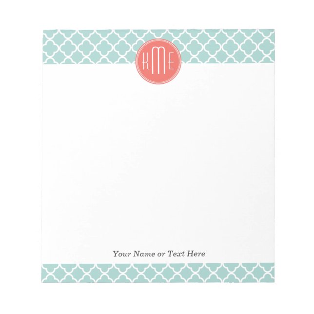 Bloc-note Quatrefoil à la menthe et au corail avec monogramm (Devant)