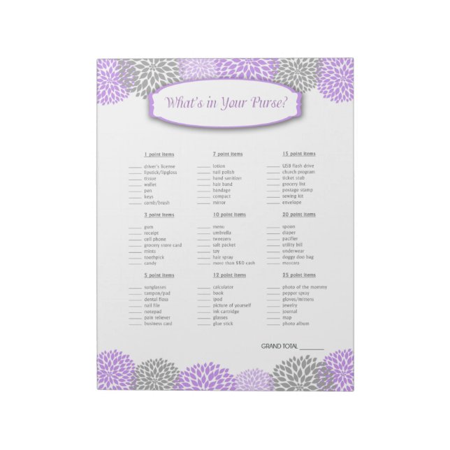 Bloc-note Qu'est-ce qu'il y a dans votre sac Jeu Dahlia Gris (Tourné)