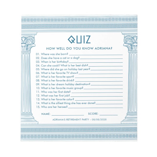 Bloc-note Quiz de fête de retraite à petit budget (Devant)