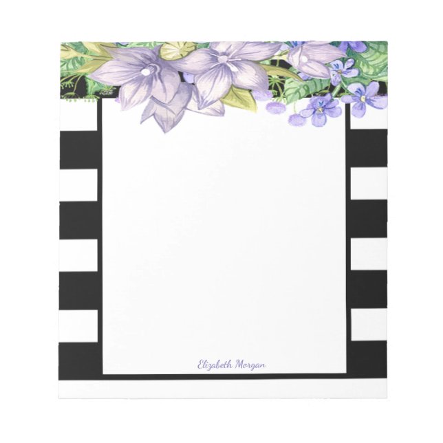 Bloc-note Rayures stylées, Fleurs aquarelles - Personnalisé (Devant)