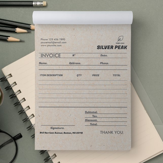 Bloc-note Réception de vente de facture Grey Kraft Petite en (Gray Kraft Invoice Sales Receipt Small Business Notepad)