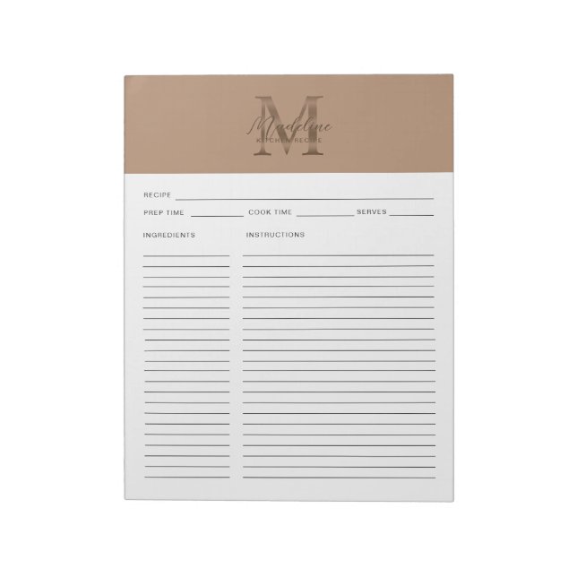 Bloc-note Recette de monogramme en doré métallisé Taupe Scri (Tourné)