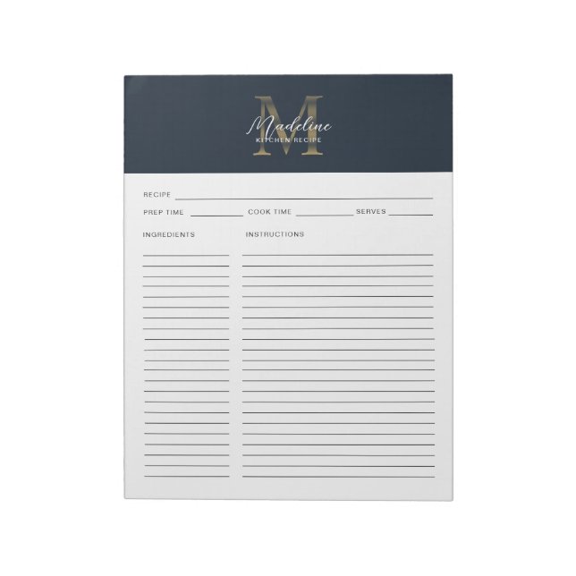 Bloc-note Recette de monogramme en or métallisé bleu marine  (Tourné)