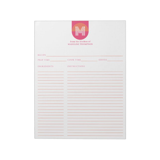 Bloc-note Recette de monogramme géométrique rose orange rétr (Tourné)