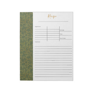 Bloc-note Recette Rustique de lin vert et blanc feuille d'or