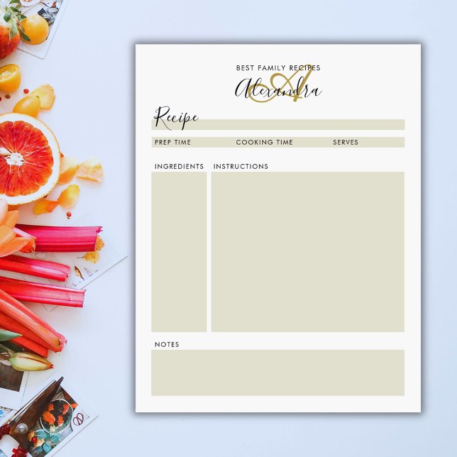 Bloc-note Recettes de noms de script or noir moderne (Elegant Monogram Black Gold Modern Recipe Sheet Notepad)