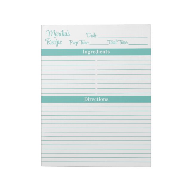 Bloc-note Recettes Elegant Script Aqua 8.5x11 Portrait (Tourné)