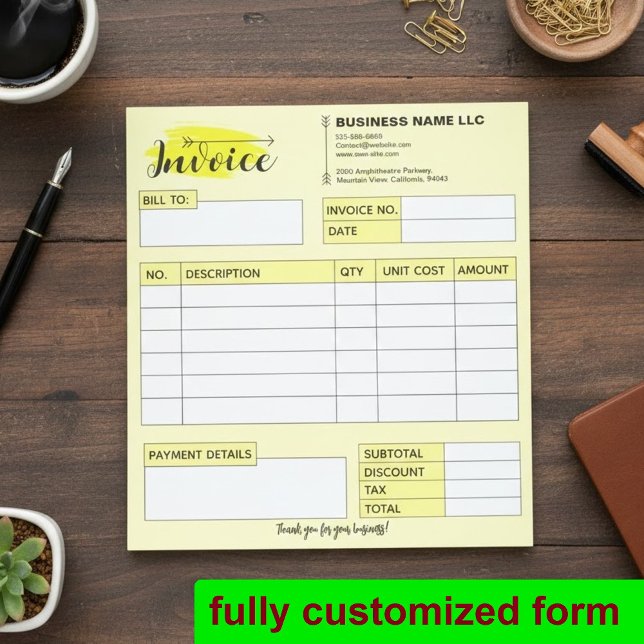 Bloc-note Reçu de facture personnalisé, Nom de petite entrep (professional sales book, custom business forms, yellow invoice pad)