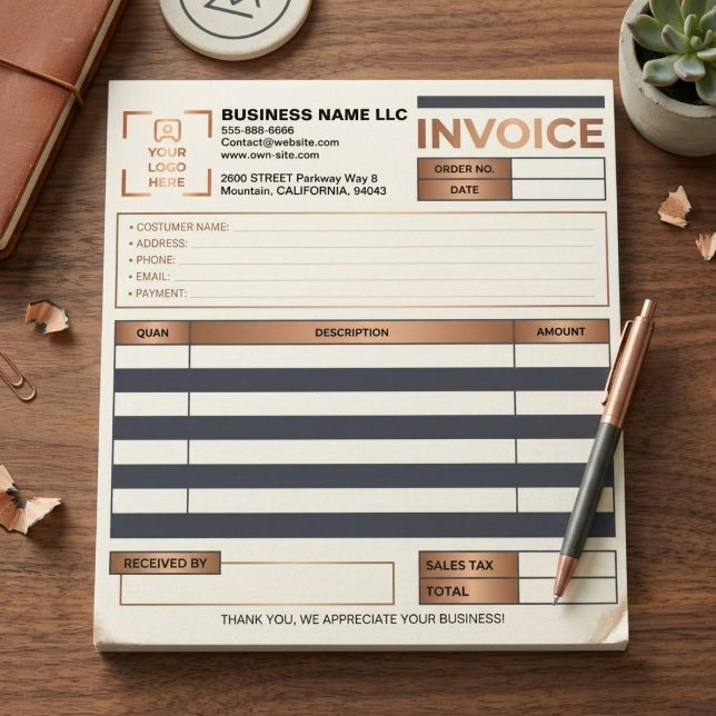 Bloc-note Reçu de vente de facture en cuivre moderne | Logo  (professional custom logo receipt book, copper business quotation form, blank simple invoices)