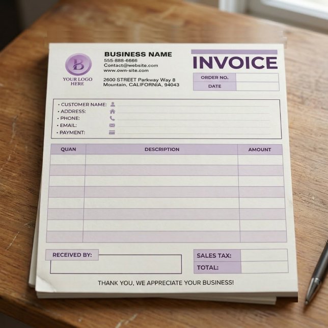 Bloc-note Reçu de vente de facture violet moderne | Logo de  (custom company logo sales receipt, purple small business invoice form)