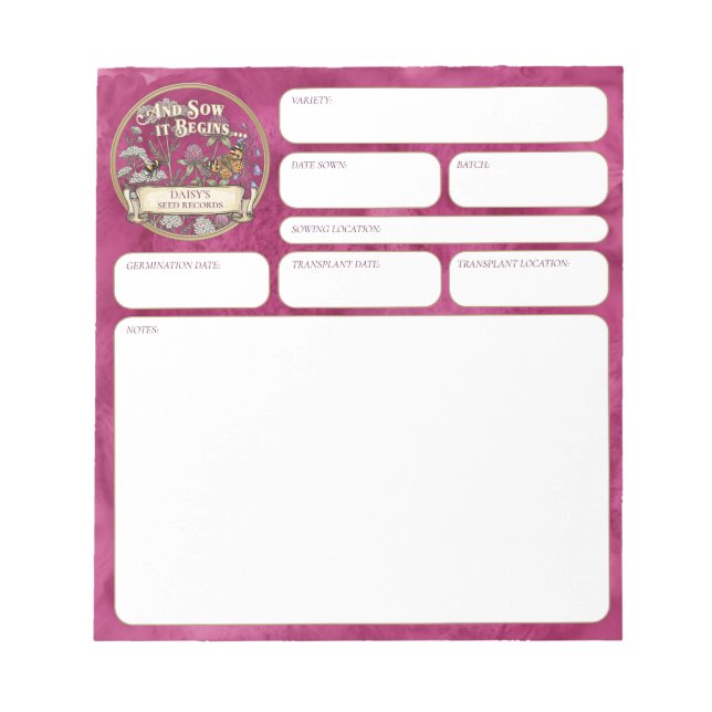 Bloc-note Registre de semis de jardin pollinisateur rose (Devant)