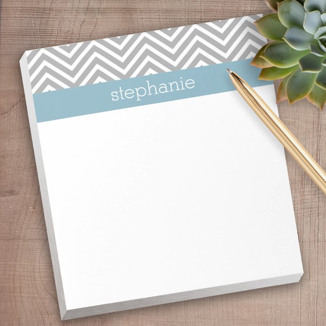Bloc-note Robin Oeuf Bleu et Gris Chevrons Nom personnalisé (Personalized notepad - great for a gift or your home office)