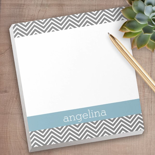 Bloc-note Robin Oeuf Bleu et Gris Chevrons Nom personnalisé (Personalized notepad - great for a gift or your home office)