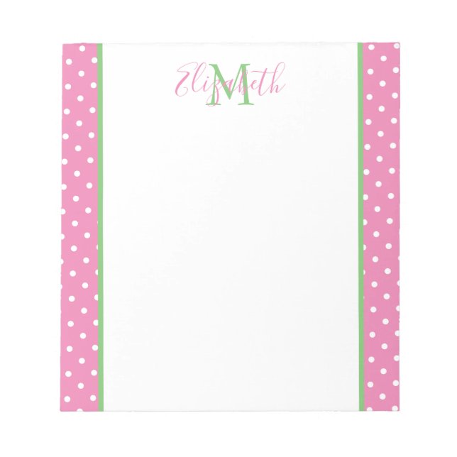 Bloc-note Rose et blanc à pois avec monogramme vert (Devant)