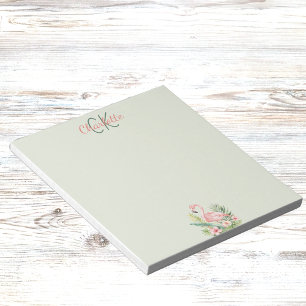 Bloc-note Rose flamingo tropical monogramme vert