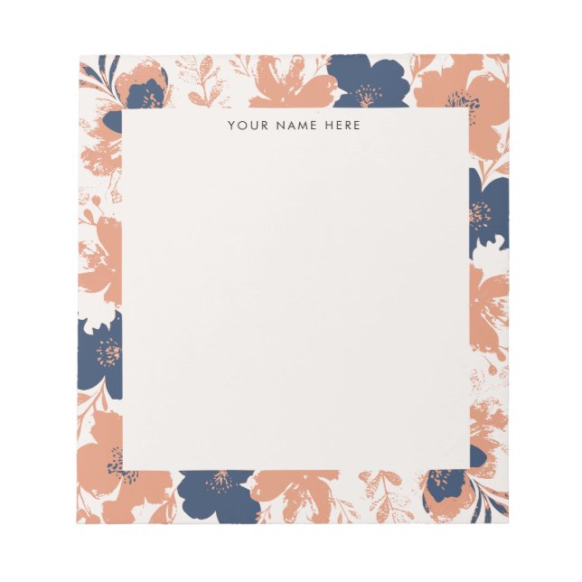 Bloc-note Rose Poussiéreux et Floral Bleu avec Nom (Devant)