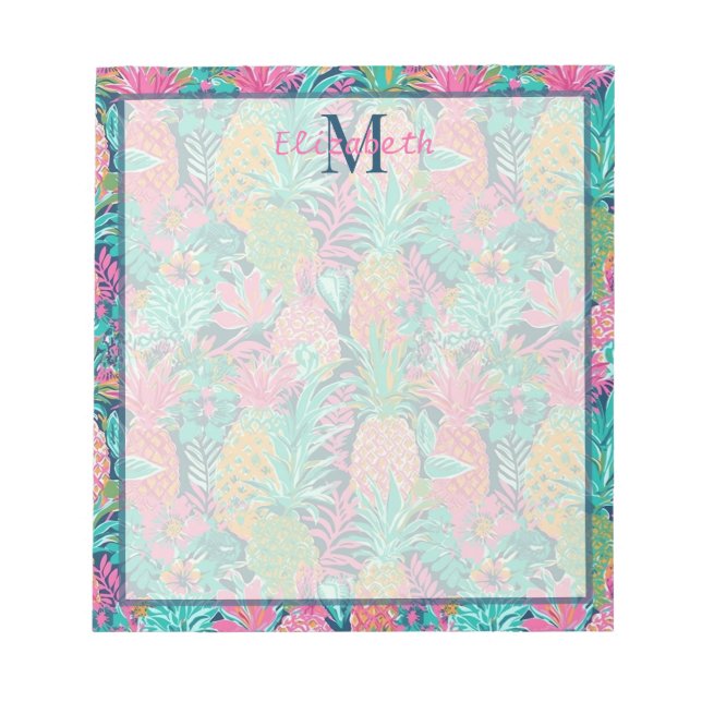 Bloc-note Rose Prépa Turquoise Bleu Marine Ananas Monogramme (Devant)