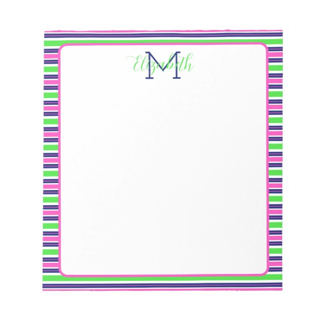 Bloc-note Rose Prépa Vert Bleu Marine Rayure Monogramme (Devant)