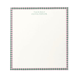 Bloc-note Rose Prépa Vert Gingham Carreaux Personnalisé Nom