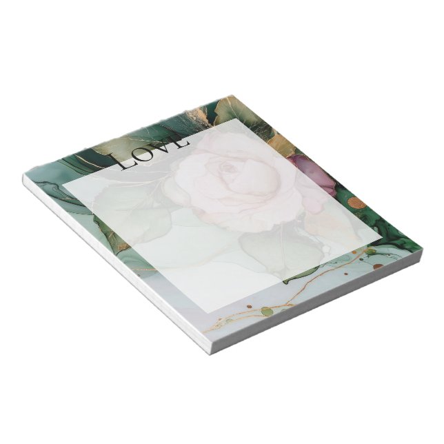 Bloc-note Rose romantique blanche rose or floral amour  (Incliné)