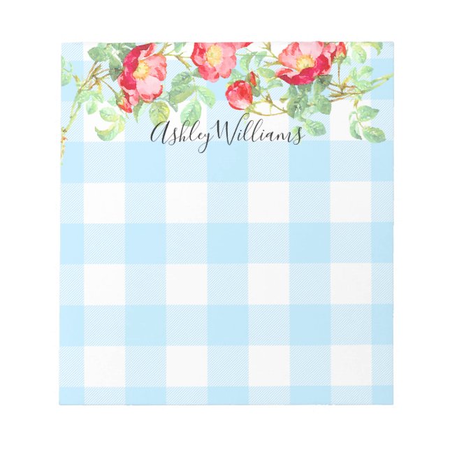 Bloc-note Rose Rouge Floral Plaid Bleu Buffalo Script Monogr (Devant)