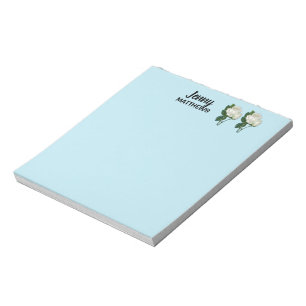 Bloc-note Roses blanches vintages nom personnalisé sur bleu