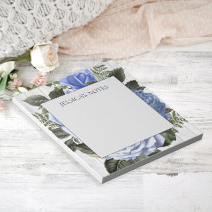 Bloc-note Roses Bleus Bois Rustique Blanc Note de Nom