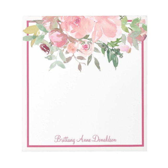 Bloc-note Rosy rose Aquarelle Nom floral Personnaliser (Devant)